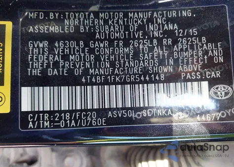 2016 Toyota Camry Le from USA, damaged, VIN 4T4BF1FK7GR544148